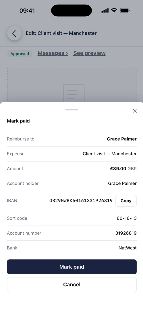 Mark paid: who to reimburse, how much, and the bank details