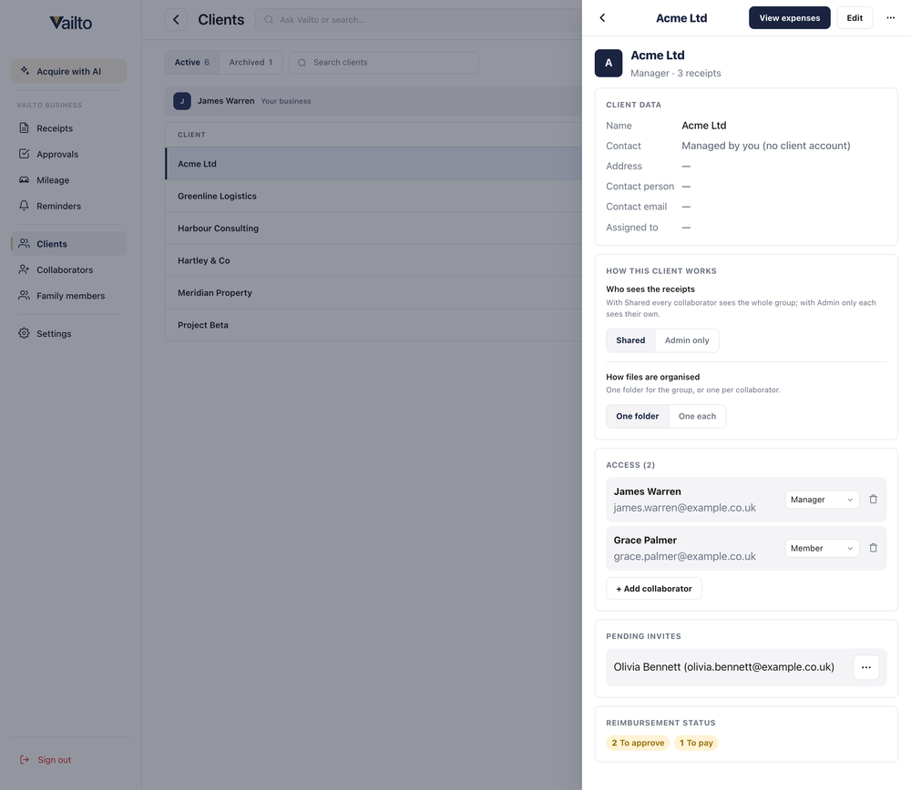A client’s access list with roles and pending invites