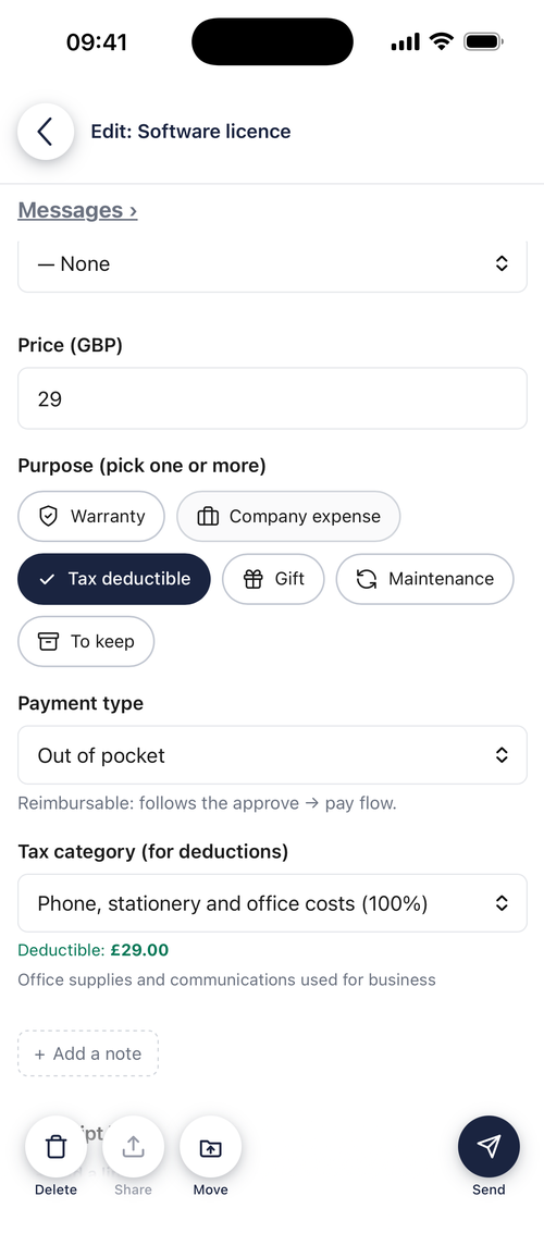 A software licence receipt marked tax deductible
