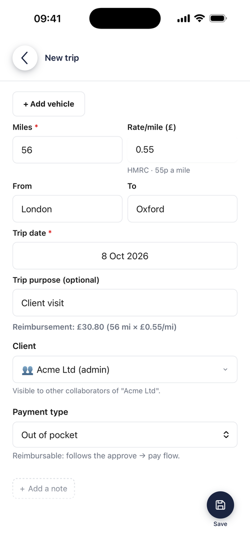 New trip: 56 miles from London to Oxford at the HMRC rate, £30.80 to reimburse